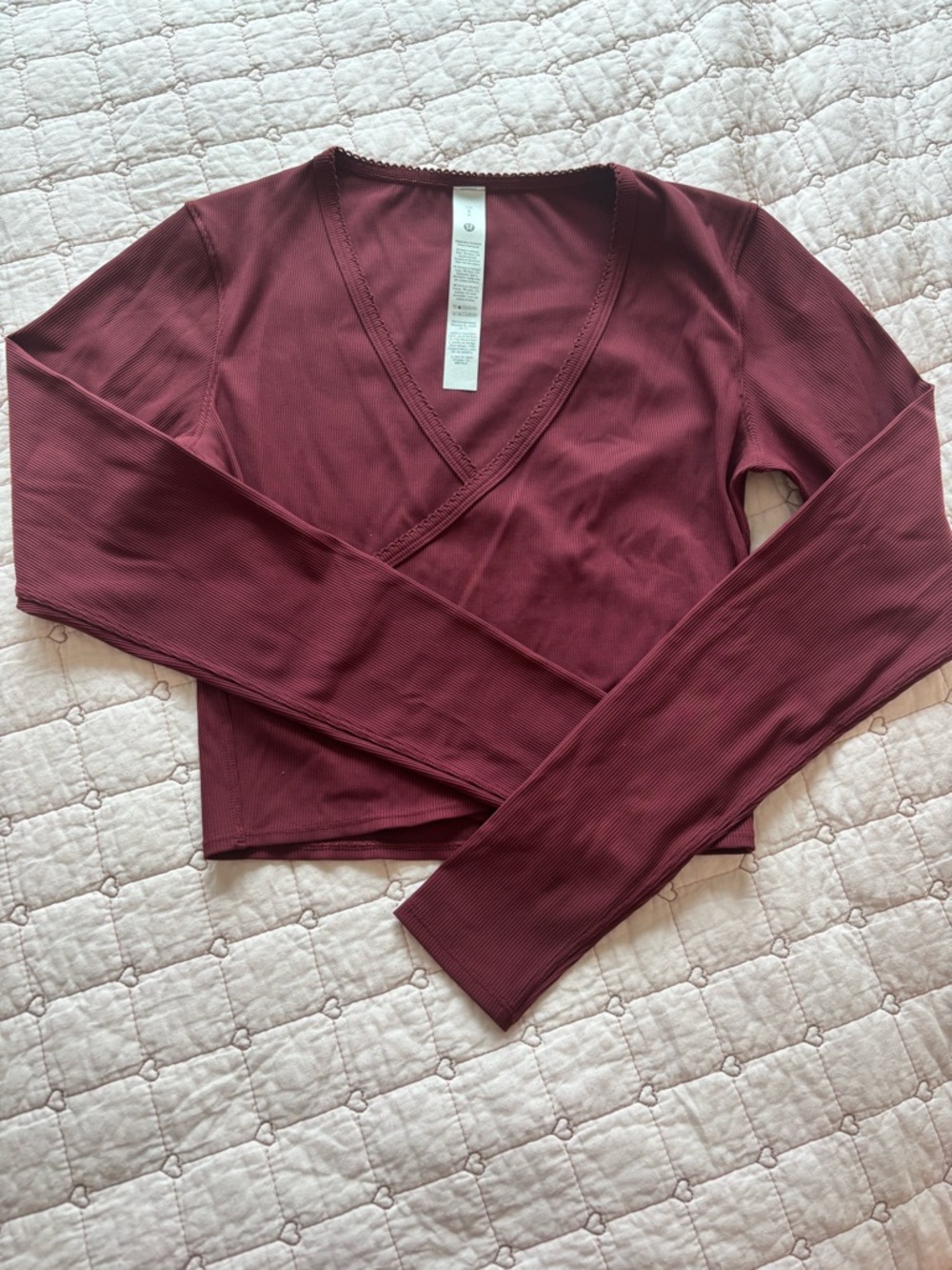 Lululemon Burgundy Bay Nulu Ribbed Wrap-Front Long-Sleeve Shirt Heart